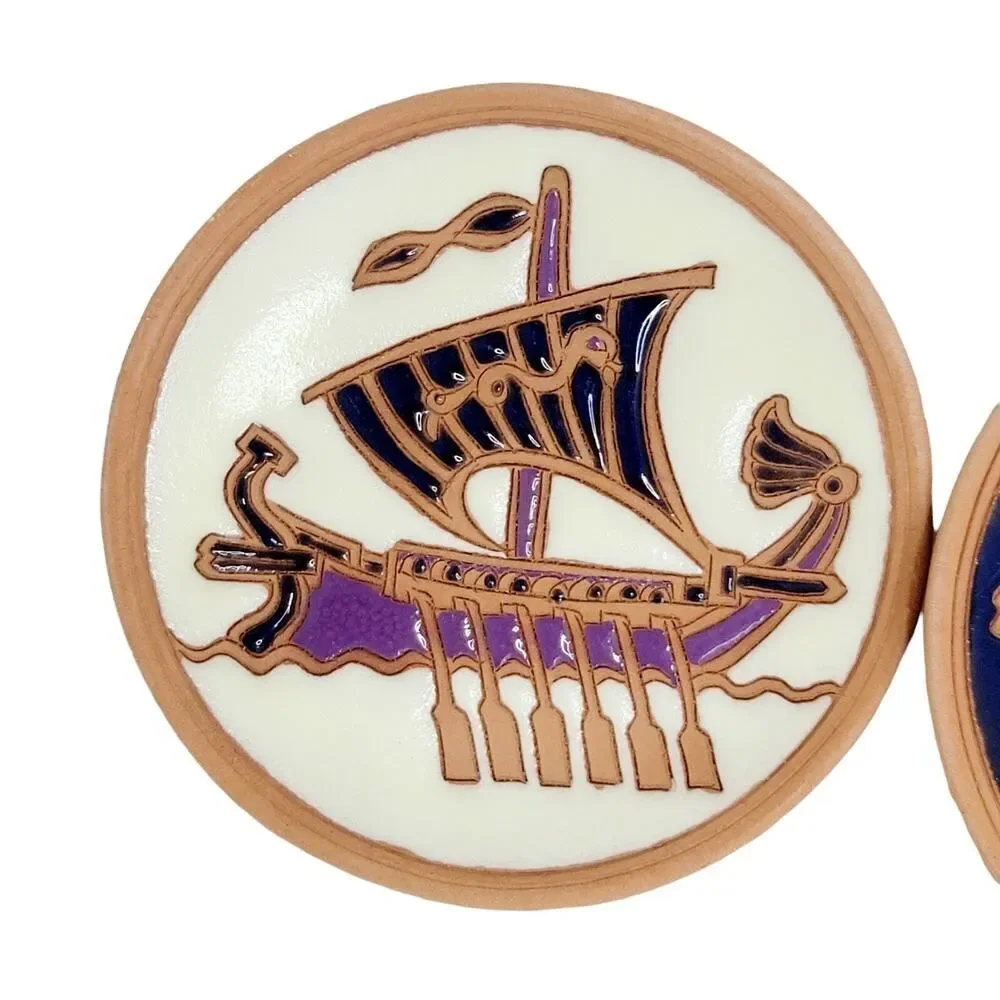 Vintage Set of‎ 3 Handmade Plates By Bonis Pottery In Rhodes Greece Viking Boats